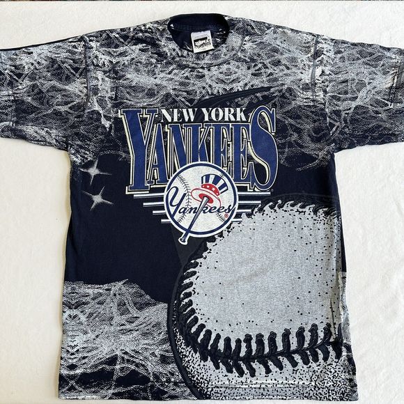 Vintage 90s MLB trench New York Yankees All Over Print Baseball Shirt L Single - Picture 1 of 8